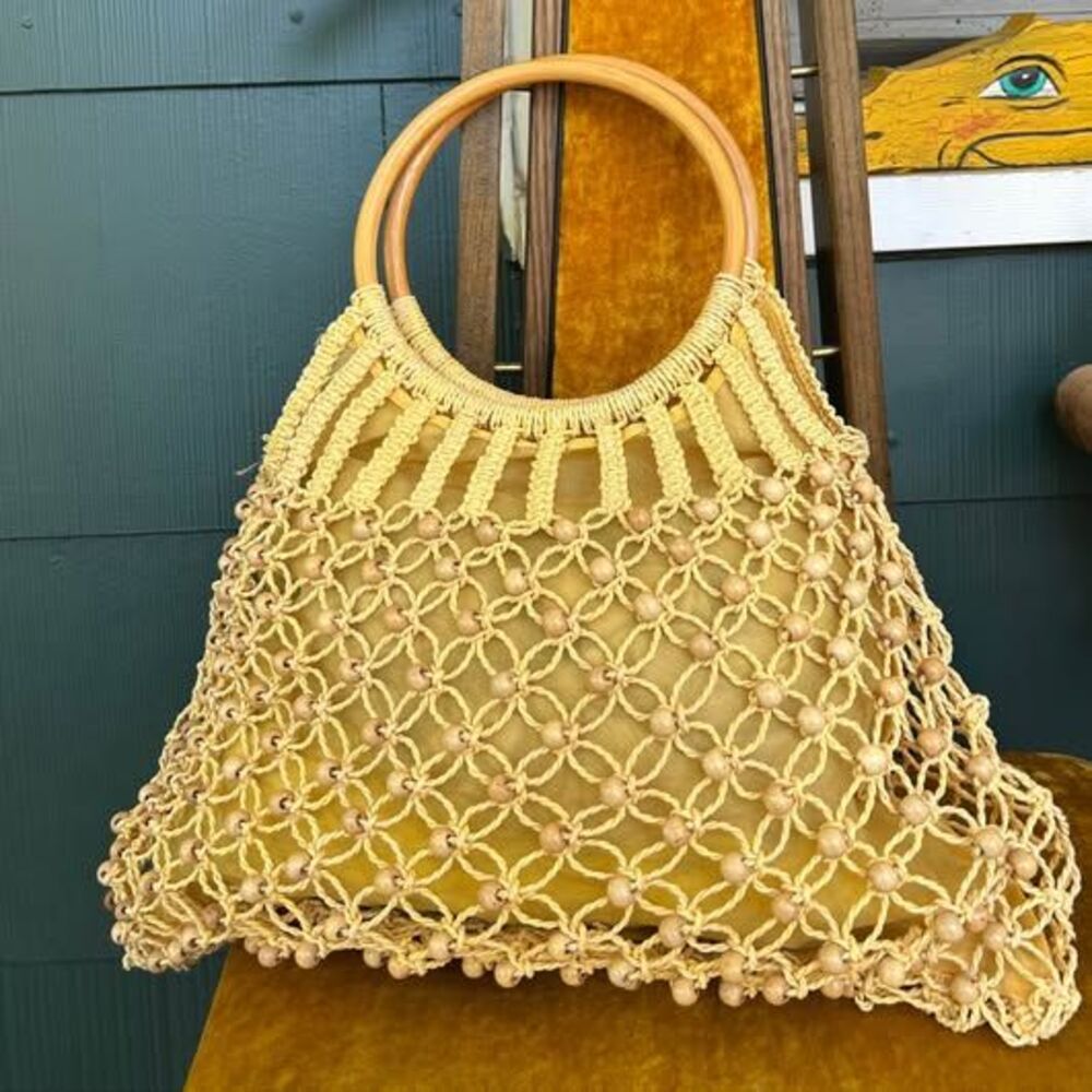 Vintage 70s Yellow Crochet Net Bag Round Wood Handles